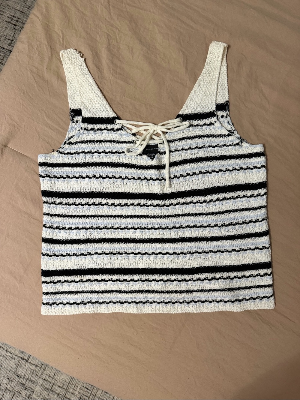 Atmosphere White and Black Striped Lace-Up Knit Tank